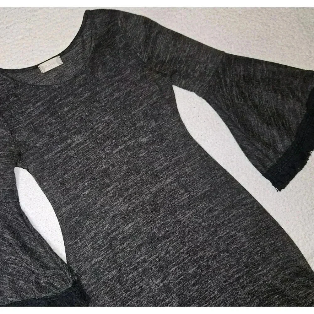 Altar'd State Size Medium Black & Gray Boho Fringe Bell Sleeve Mini Dress - Picture 3 of 12